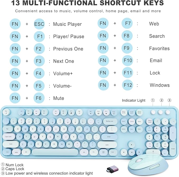 Wireless Keyboard and Mouse Combo, Ergonomic Full Size Typewriter Retro Round Keycaps Keyboard, Compatible with Windows, PC, Perfer for Home and Office Keyboards (Blue