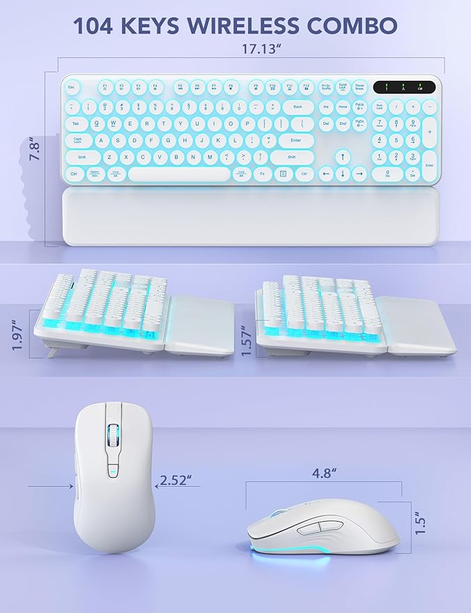 Wireless Keyboard and Mouse Backlit - Typewriter Keyboard with Retro Round Keycaps, Detachable Wrist Rest, Light Up Letters, 2.4G Rechargeable Combo for Mac, Windows, PC, Laptop, Trueque (White)