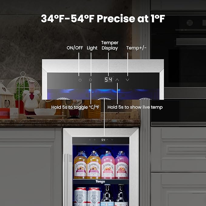Yeego 15 Inch Beverage Refrigerator – 80 Can Mini Fridge with Glass Door, Built-In or Freestanding Cooler for Home Bar Office