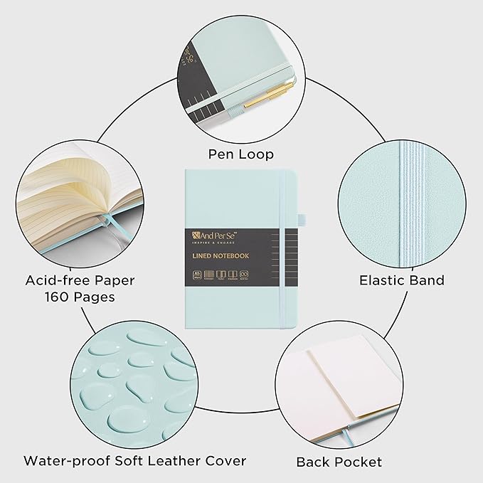 A5 Lined Leather Journal and Pen Set, Hardcover Notebook with Pen, 160 Pages 100gsm Thick Ruled Paper for Men Women, for Work, Business, School or Home Writing, 5.7'' x 8'' (Cyan-Set1)