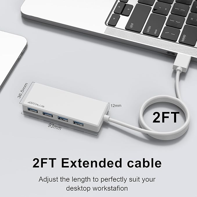 USB Hub, Multiport USB Splitter Adapter, 2 ft Long Cable USB 3.0 Hub, USB Extender for Laptop, PC, iMac, Surface Pro, MacBook, Mac Pro, Flash Drive, XPS, Mouse, HDD【White】