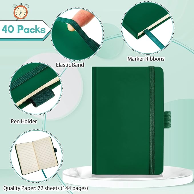 40 Pieces Small Notebooks A6 Pocket Journals 3.5 x 5.5 Inch Small Leather Notebook Mini Ruled Lined Journal with Elastic Band Pen Holder Page Marker Ribbons (Green)