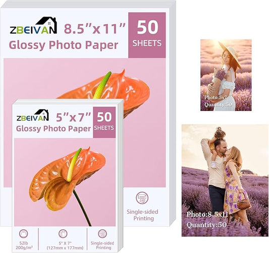 ZBEIVAN Photo Paper 5x7, 8.5x11 inch, Glossy Photo Papers 100 Sheets, 200 GSM Paper for Printer (50 Sheets of each size 5x7, 8.5x11)