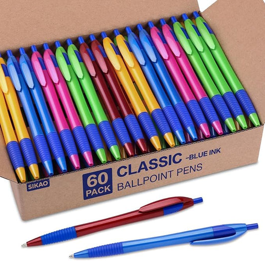 Pens Bulk, 60Pack Blue Gripped Slimster Bulk Ballpoint Smooth Writing No Smear, Blue Ink 1.0mm, Wholesale Click Retractable Server Pens, School Office Supplies