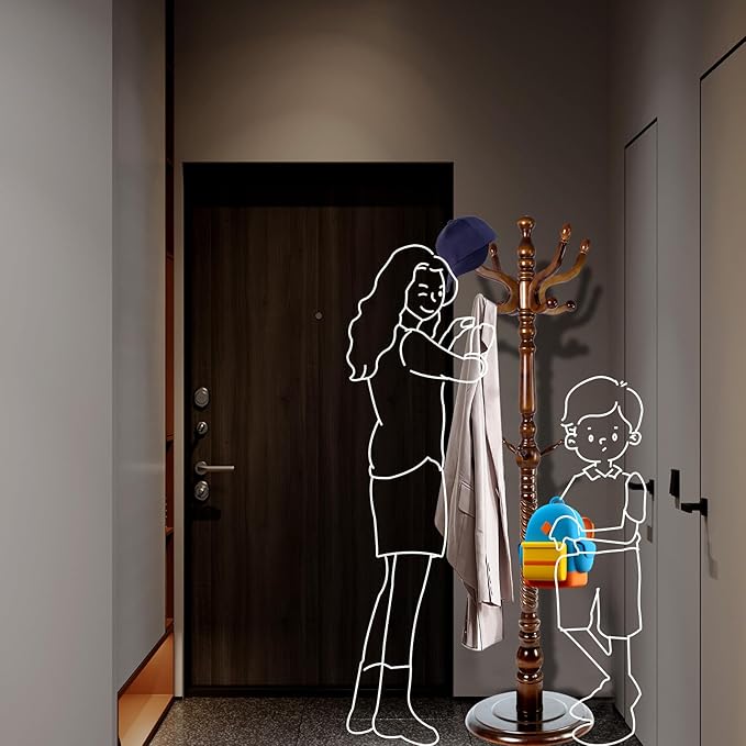 Coat Racks FreeStanding with 11 Hooks, Natural Wood Coat Rack with Solid Round Base, Adjustable Height Coat Racks, Easy Assembly for Hallway, Bedroom and Office (Walnut-Solid Round Base)