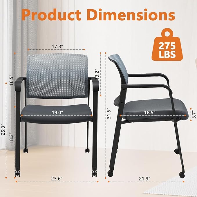 CLATINA Mesh Back Stacking Arm Chairs with Upholstered Fabric Seat and Ergonomic Lumbar Support for Office School Church Guest Reception (WithWheels Gray- 8 Pack)
