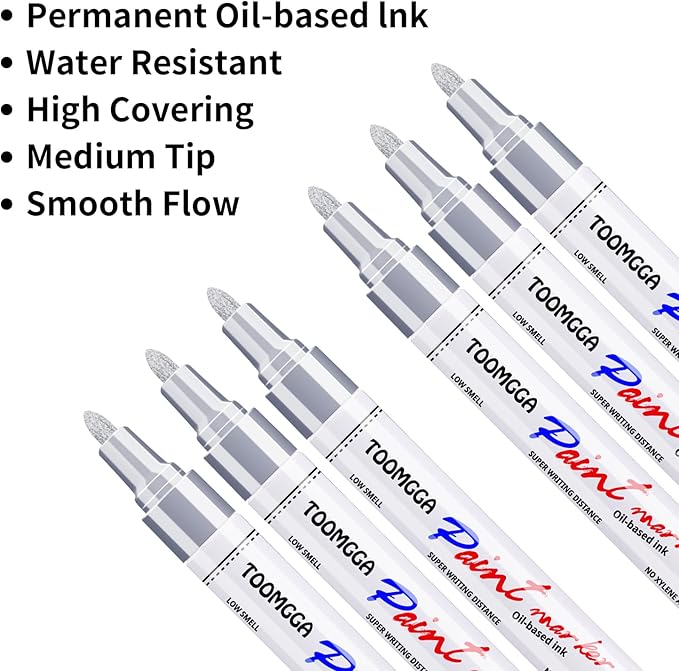 Silver Paint Pens Paint Markers - 6 Pack Permanent Markers Oil Based for Metal Wood, Pens for Metal, Car Tyre,Wood, Plastic, Rock Painting, Glass, Craft Supplies,Waterproof