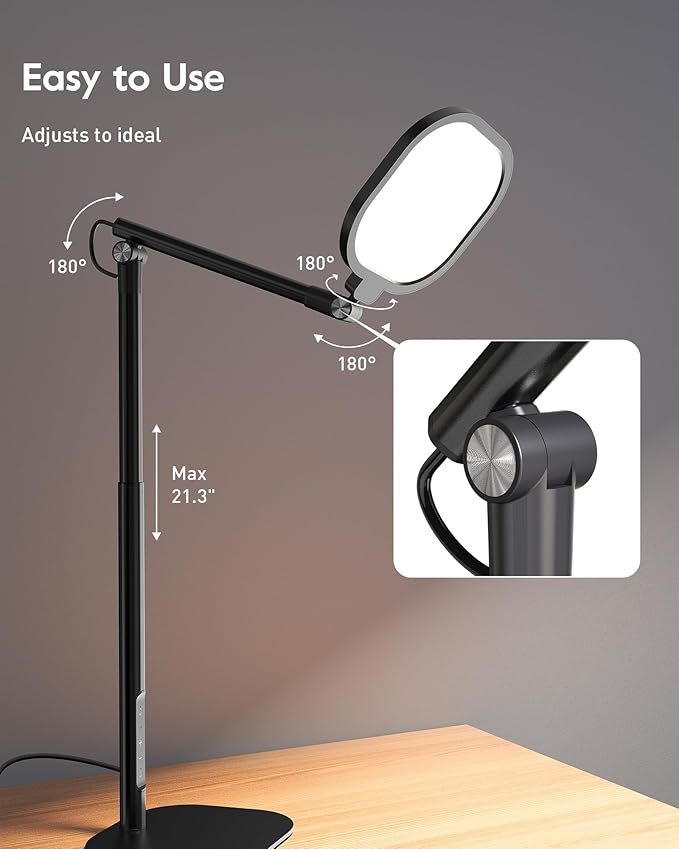Led Desk Lamps for Home Office with Base, Tall Desk Lamp with 50 Light Modes & Memory and Timer Func Computer Light, Flexible Adjustable Table Lamps for Video Conference, Architect or Study(Black)
