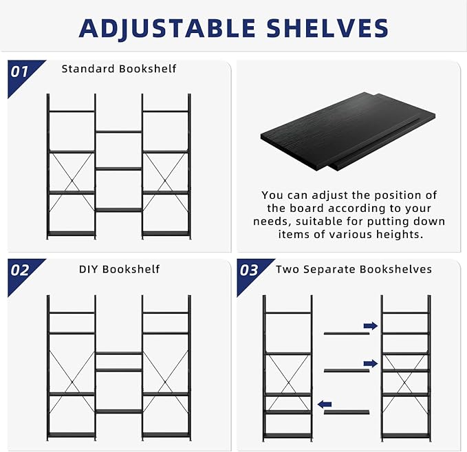 NUMENN Triple Column 4 Tier Bookshelf, Bookcase with 11 Open Display Shelves, Adjustable Rustic Industrial Style Book Shelves, Modern Bookshelves for Bedroom, Living Room and Home Office, Black