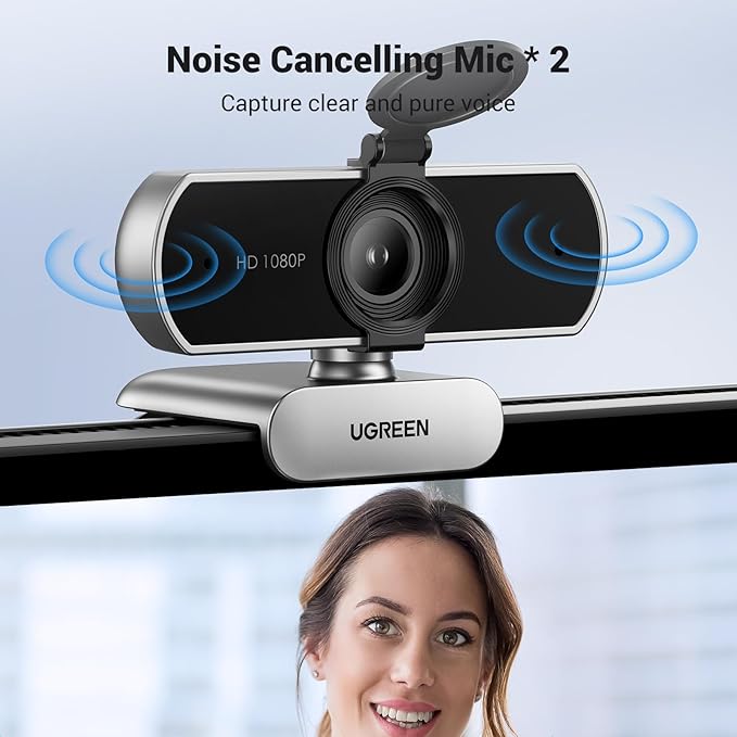 UGREEN Full HD 1080P Webcam with Microphone, 2 Noise-Canceling Mics, 85° Fov & Fixed Focus, Plug and Play, Auto Light Correction, Privacy Cover PC Camera for Zoom/Skype/Teams, Switch 2, Silver Gray