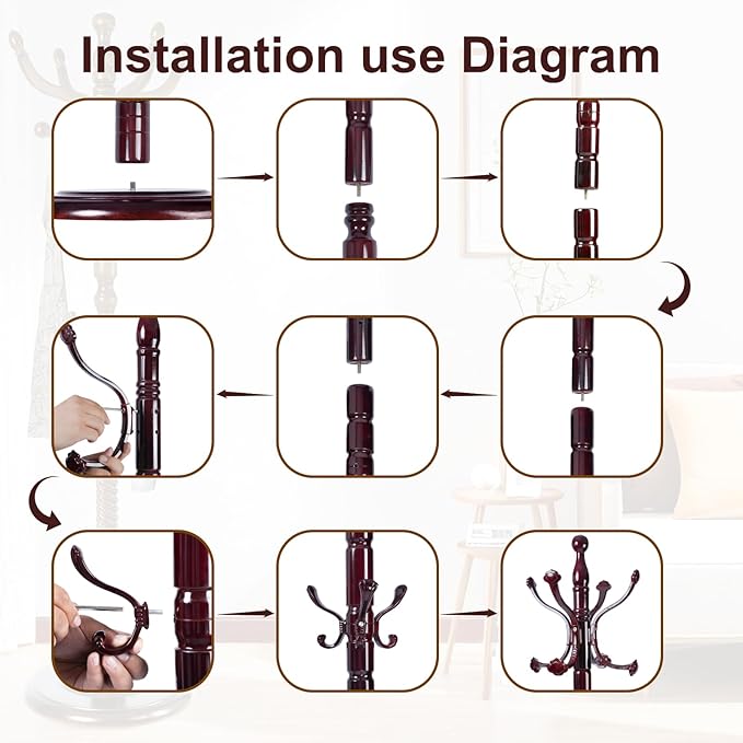 Solid Wood Coat Rack – 72" Freestanding Coat Racks Stand with 14 Hooks & Stable Base, Adjustable Height Modern Wooden Hall Tree for Entryway, Bedroom, Office, Home (Mahogany Lucky Hook)