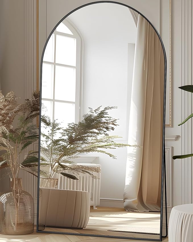 Full Length Mirror, 78"x38" Oversized Floor Mirror Freestanding, Full Body Floor Standing Mirror with Stand, Hanging Mounted for Bedroom Living Room, Black, Arched Style