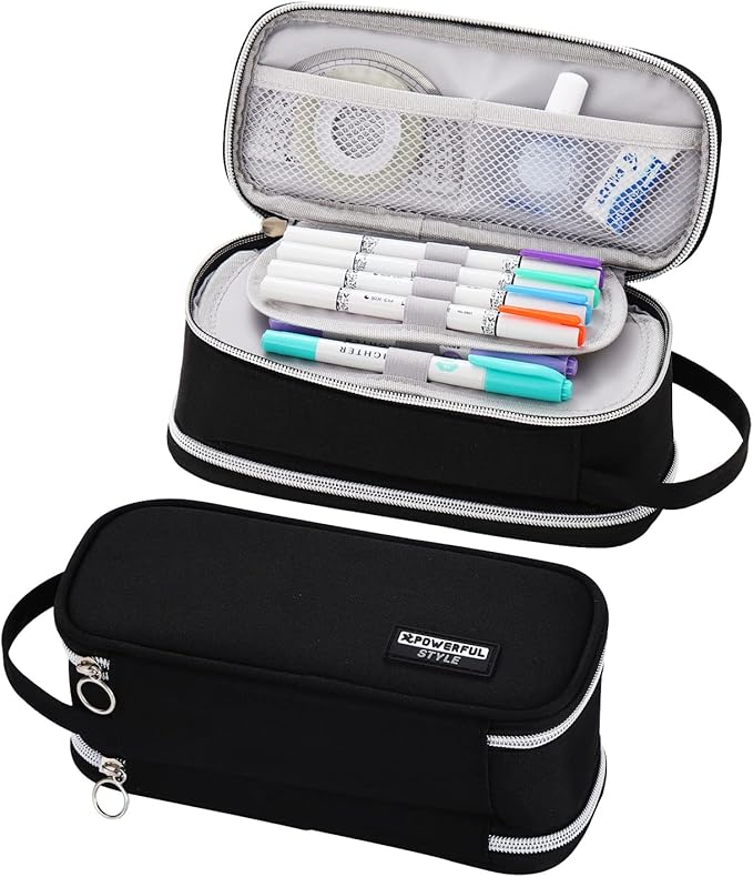 Dugio Big Pencil Case for Boys Teens Kids Zipper Pencil Pouch with Handle Organizer Pencil Bag Aesthetic Pencil Box for School Black