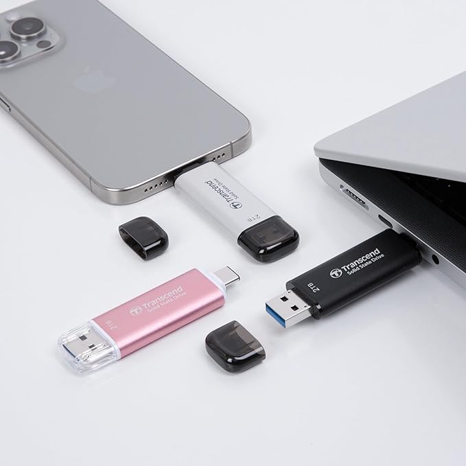 Transcend 2TB External SSD, Up to 1,050MB/s, Dual USB Hard Drive for Tesla, iPhone15,16&iPad&Mac, Steam Deck/ROG Ally/MSI Claw/Windows/Android/PS5/Smart TV, 2-in-1 Type C &A, USB 3.2 Gen2 Portable SSD