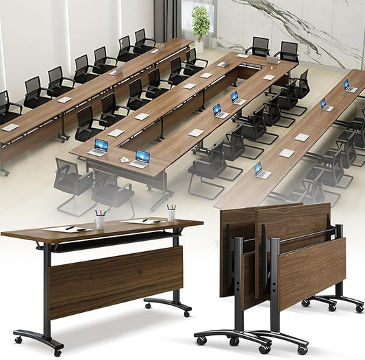 Folding Conference Room Table, Modern Conference Tables with Wheels, Large Rectangular Mobile Training Tables for Office Classroom, Foldable Modular Boardroom Seminar Table Walnut (2pack L47.2in)