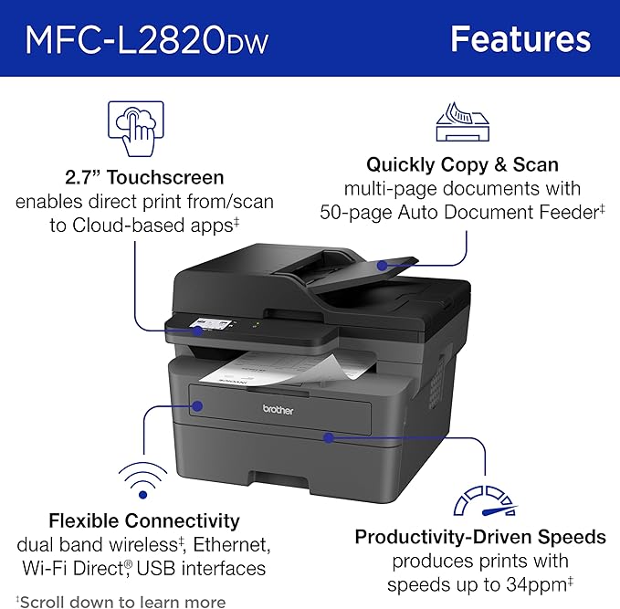 Brother MFC-L2820DW Wireless Compact Monochrome All-in-One Laser Printer with Copy, Scan and Fax, Duplex, Black & White | Includes Refresh Subscription Trial(1), Works with Alexa