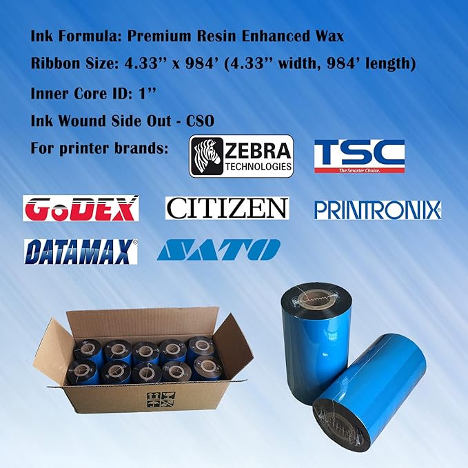 (10 Rolls) 4.33'' x 984' Premium Resin Enhanced Wax Ribbon, 110mm x 300m Black Thermal Transfer Ribbon, Barcode Thermal Label Printer Ribbon, CSO-Ink Outside, 1'' Core for Zebra, TSC, GoDex, Citizen