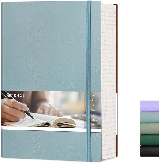 EMSHOI B5 College Ruled Notebook Journal - 400 Pages (200sheets), 7mm Spacing & Vegan Leather Cover for Work, School, Bible Study, Bullet Journaling - with Sticky Notes, Pocket & Pen Holder- GrayBlue