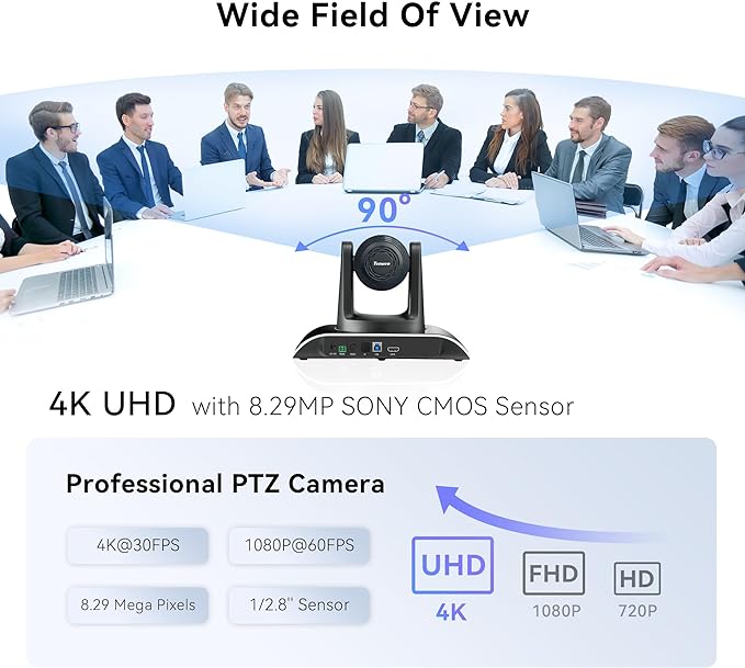 Tenveo UHD 4K PTZ Conference Room Camera 12X Optical Zoom USB3.0/HDMI Wide View Angle, 4K PTZ Camera for Video Conference Church Services Worship Events, Zoom/OBS/YouTube Live Streaming