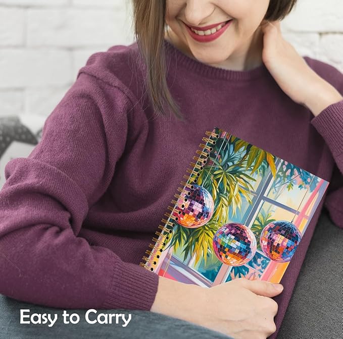 Vibrant Trendy Disco Balls Notebook, Funky Mirror Ball Journal, Maximalist Tropical Botanical Disco Journal, Modern Aesthetic Hardcover Spiral Notebook, 5.5x8.3 Inch