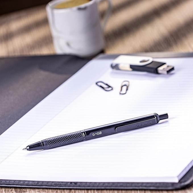 Zebra Pen G-450 Retractable Gel Pen, Black Brass Barrel, Medium Point, Black Ink, 2-Pack (49512)