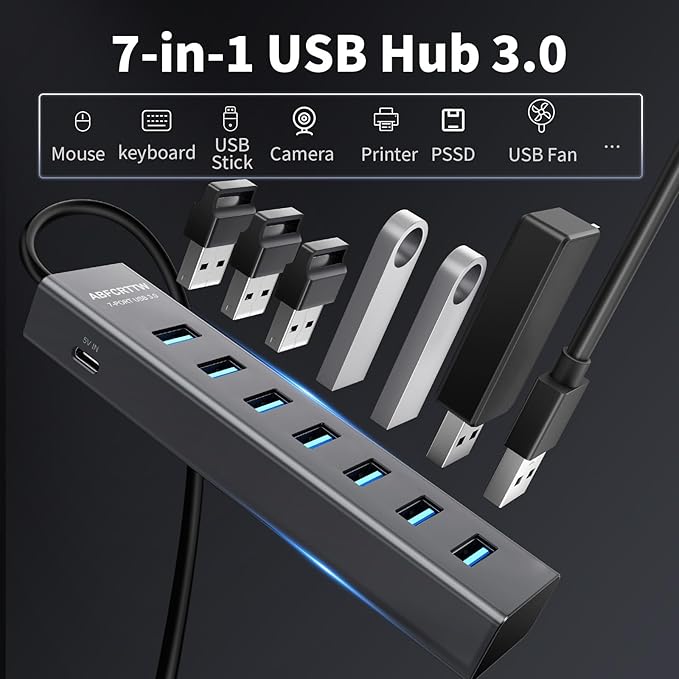 6Ft 7-Port USB 3.0 Hub for Desktop, Aluminium USB Extender Hub 5Gbps, Multiport Adapter, Long Cable for Desktop, PC, Flash Drive, Mobile HDD, Windows/XPS, 1.8m