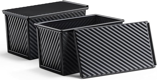 LIANYU 2 Pack Pullman Bread Loaf Pan with Lid, 1 Pound Dough Nonstick Loaf Baking Pans, Metal Bakeware for Sourdough Sandwich Homemade Bread, Carbon Steel Corrugated Toast Tin, Black