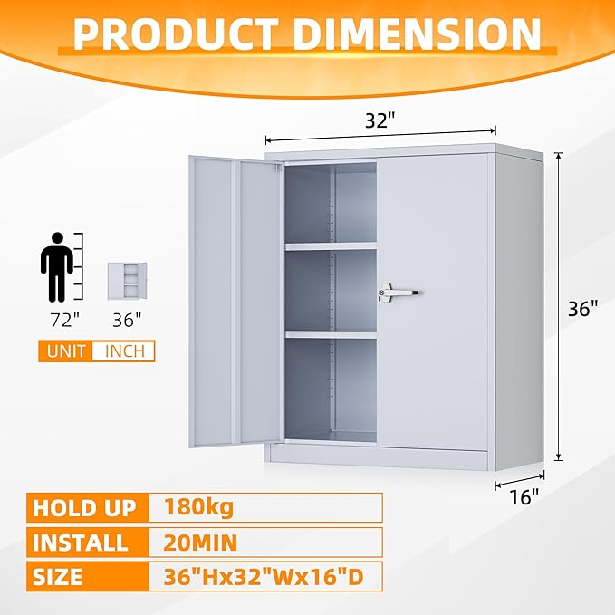 INTERGREAT Metal Cabinet with Lock, Lockable Metal Storage Cabinets with Doors and Shelves for Garage, Cement Grey Locking Garage Storage Cabinets 36"×32"×16"
