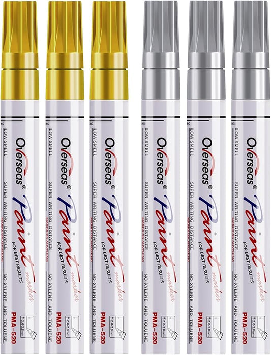 Overseas Gold and Silver Paint Pens - 6 Pack Oil Based Metallic Permanent Markers, Medium Tip, Quick Dry and Waterproof Paint Markers for Rock, Wood, Metal, Plastic, Canvas, Glass, Ceramics, Rubber