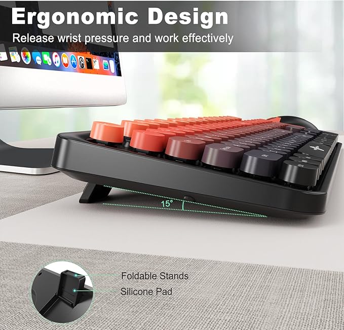 Wireless Keyboard and Mouse Combo, 2.4 GHz Full-Sized Typewriter Keyboard and Mouse Wireless with Round Keycaps for Windows, Computer, Desktop, PC, Laptop (Black Orange)