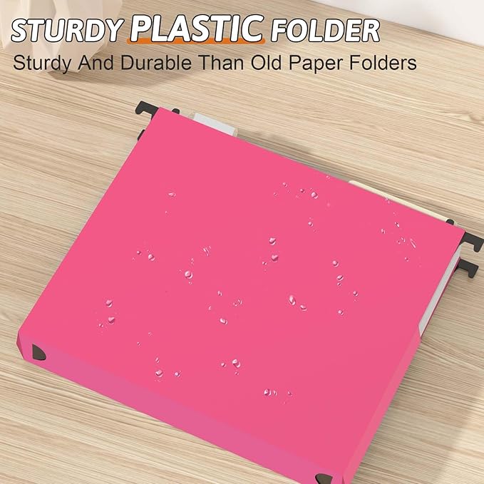 Plastic Hanging File Folders Expanding,12 Pack Extra Capacity Hanging File Folder Letter Size,2 Inch Expansion Heavy Duty Folders,Adjustable Tabs,Pink Hanging Folders Designed for Bulky Files
