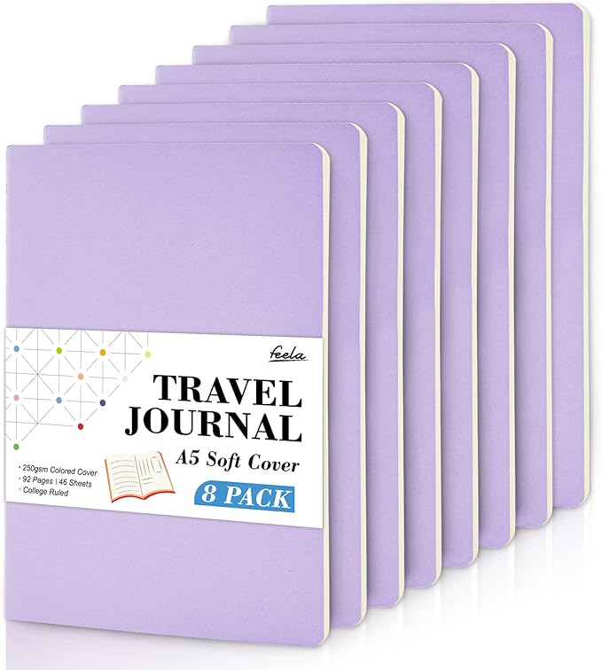 feela 8 Pack Soft Cover Journal Bulk, Notebooks College Ruled for Work, Lined Travel Journal for Women Men, Note Taking Notebook School Supplies Business Writing, 8.2” x 5.5”, A5, Light Purple
