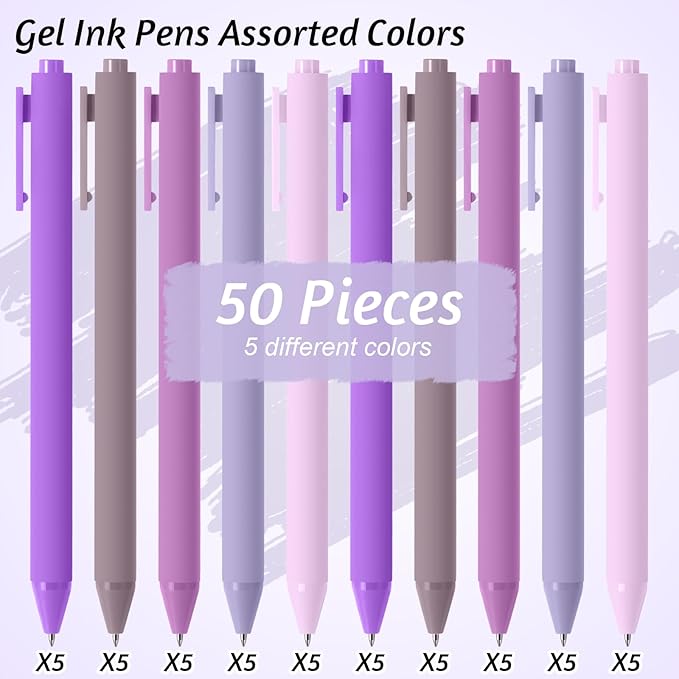 Crtiin 50 Pcs Gel Ink Pens Bulk Black Ink, Smooth Writing Cute Colorful Pens for Back to School First Day of School Teacher Student Server Office Supplies Staff Party Favor Gifts (Purple Series)