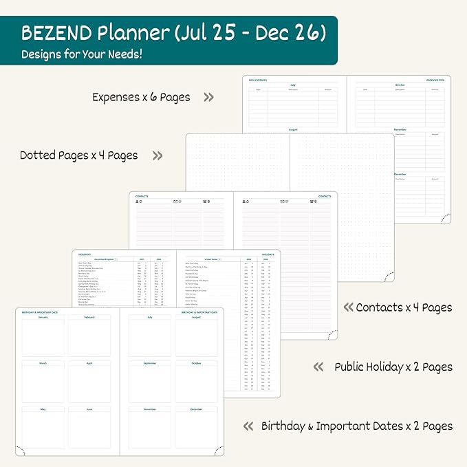 BEZEND Weekly Planner 2025-2026 with 2 Columns, 5.8" x 8.5" Academic Calendar 18 Months (Jul 25-Dec 26) Life Work Appointment Book with Monthly Tab, PU Leather Hardcover - Lilac