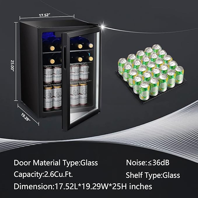 Antarctic Star 2.6cu.ft Wine Cooler/Cabinet Beverage Refrigerator, Small Mini Wine Cellar Fridge, Beer Soda Clear Front Glass Door, Quiet Operation, Adjust Temperature, Freestanding, Black