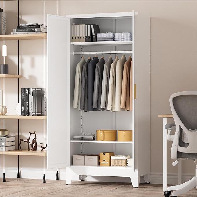 71" Tall Metal Wardrobe Closet with Adjustable Shelves and Hanging Rod, 2 Doors Free Standing Armoire Wardrobe Cabinet for Bedroom, Office, Laundry Room, White