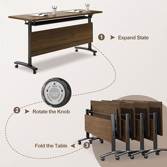 Folding Conference Room Table, Modern Conference Tables with Wheels, Large Rectangular Mobile Training Tables for Office Classroom, Foldable Modular Boardroom Seminar Table Walnut (4pack L63in)