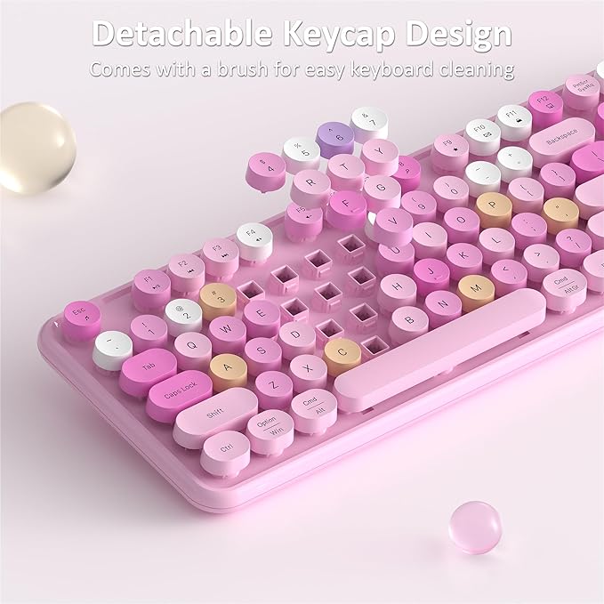 Wireless Keyboard and Mouse, Full-Size Retro Typewriter Keyboard with Round Keycaps, 2.4GHz for Windows, Mac, Laptop, PC, Desktop (Pink Colorful)