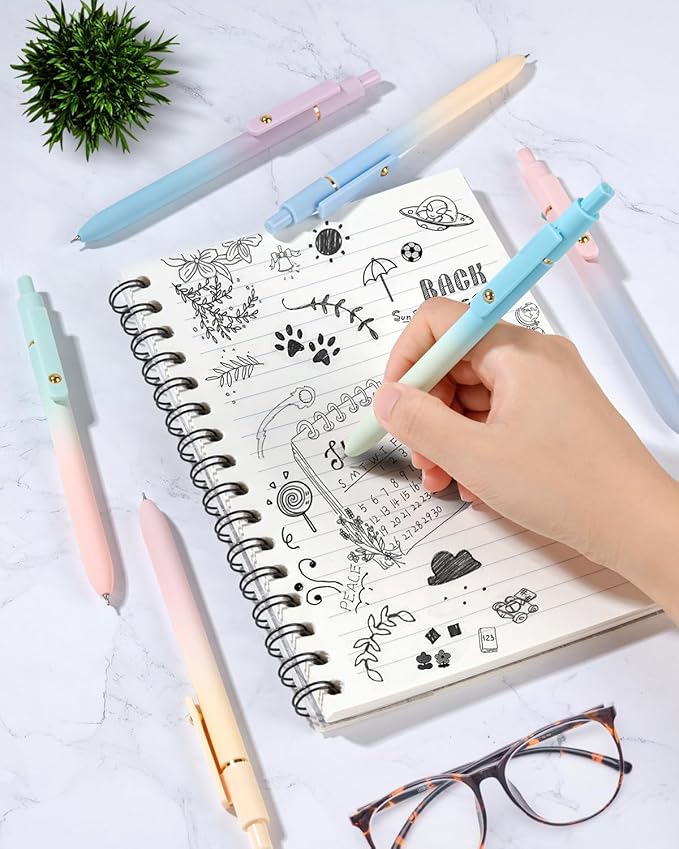 FIOVER Gel Pens, 6 Pcs 0.7mm Comfort Grip Quick Dry Black Ink Pens Fine Point Smooth Writing Pens, Cute Office Back to School Supplies Gifts for Women (12PCS Gradient Black Ink)