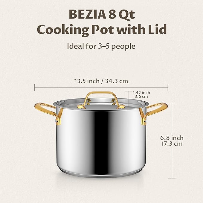 BEZIA 8 Quart Stainless Steel Stockpot with Lid, Induction Compatible Cooking Pots, Triple-Layer Bottom for Even Heat, Pasta & Soup Pot for Cooking, Boiling, Stewing, Dishwasher Safe