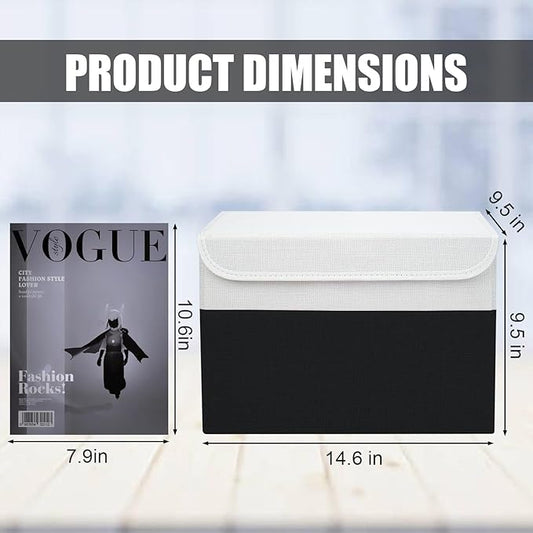 Large 22 Quart Linen Fabric Foldable Storage Bin Cube Organizer Basket with Flip-Top Lid & Handles, Clothes Blanket Box for Home, Office, Closet, Black & White, 4 Pack 14.6 x 9.5 x 9.5