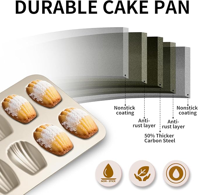 Madeleine Pans Set of 2, Nonstick 12-Cavity Madeleines Mold Cookie Tray for Baking, Heavy Duty Warp Resistant Cute Shell Shape Madeleine Mold Cake Pan-Gold