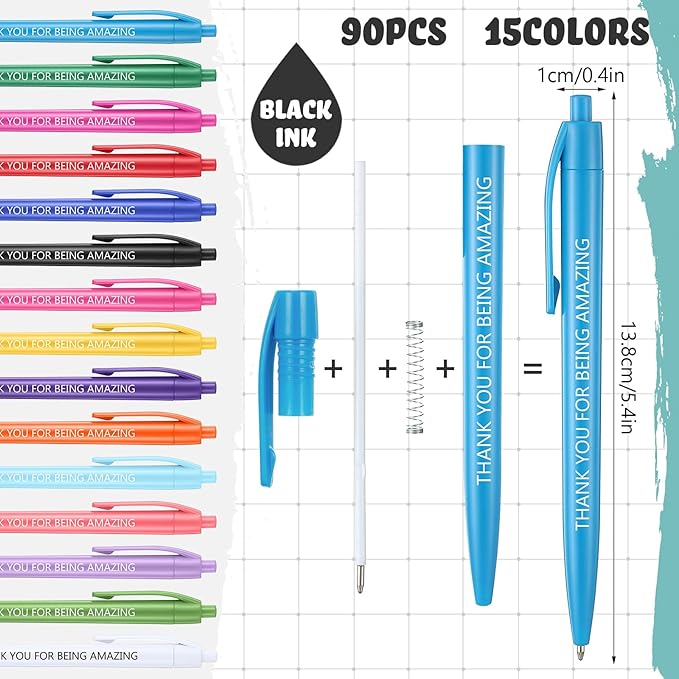90 Pcs Ballpoint Appreciation Pen Inspirational Quotes Black Gel Ink Pens Bulk for Coworkers Employee Retractable Rolling Ballpoint Pens for Party Favors Thank You Gifts Supplies (Thank You)