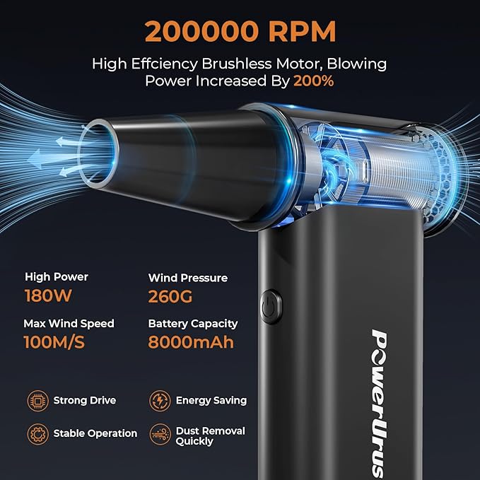 Compressed Air Duster, PowerUrus 200000RPM Electric Air Duster with Brushless Motor, 4-Gear Adjustable Cordless Air Blower, 8000mAh Rechargeable Air Duster for Keyboard, PC, Outdoor and Home Cleaning
