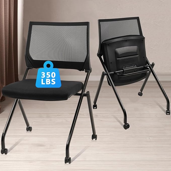 CLATINA Stackable & Foldable Conference Room Chairs, Waiting Room Chairs with Wheels & Lumbar Support, Ergonomic Mesh Bouncing Back Folding Chair for Office Meeting Schools Training Room, Black(2pk)