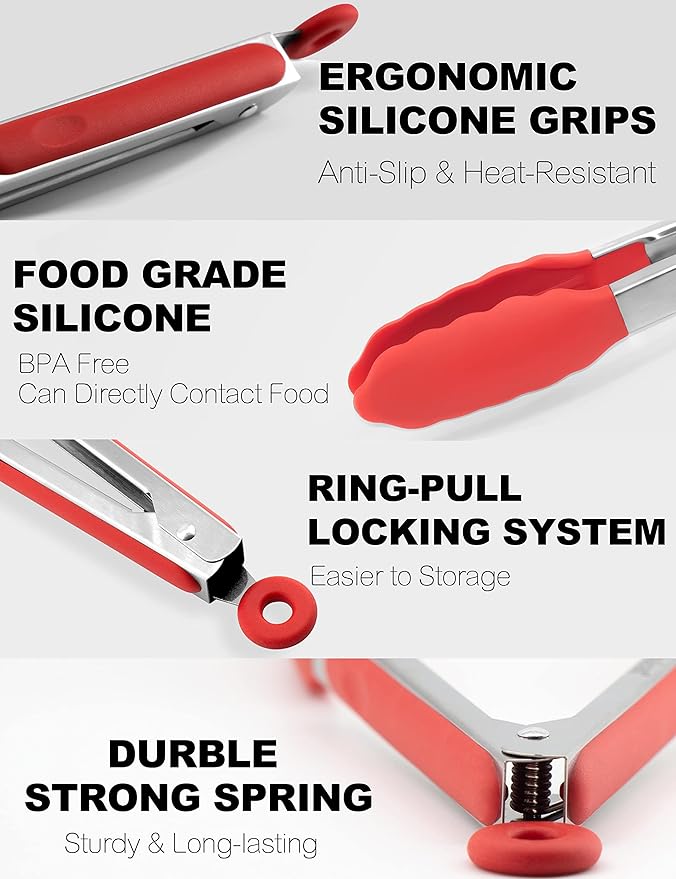 Anaeat Non-Stick Silicone Locking Tong Set of 3 - Stainless Steel 7", 9" and 12" Kitchen Food Tongs with Non-Slip Silicone Tips and Grip for Cooking, Baking and BBQ - Heat Resistant up to 480°F (Red)