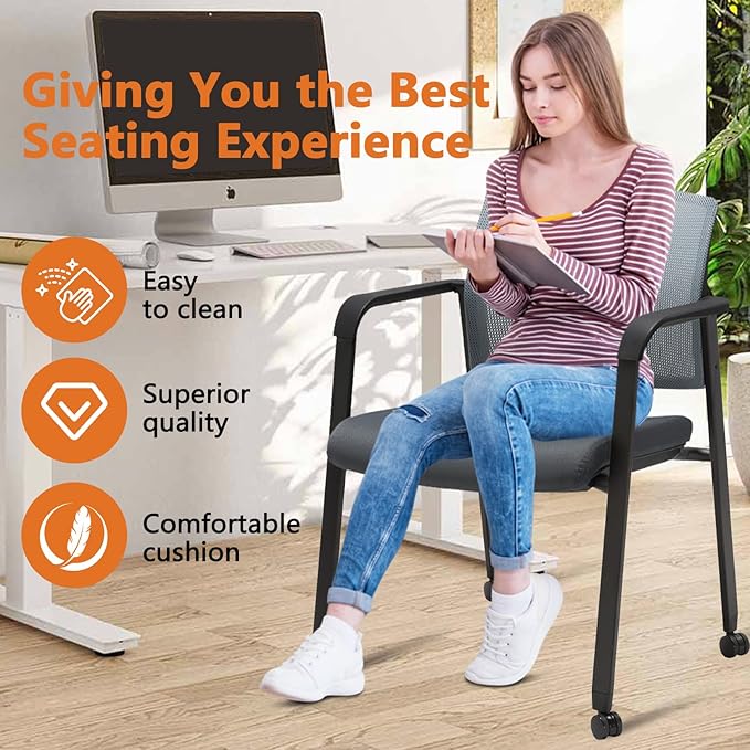 CLATINA Mesh Back Stacking Arm Chairs with Upholstered Fabric Seat and Ergonomic Lumbar Support for Office School Church Guest Reception (WithWheels Gray- 2 Pack)