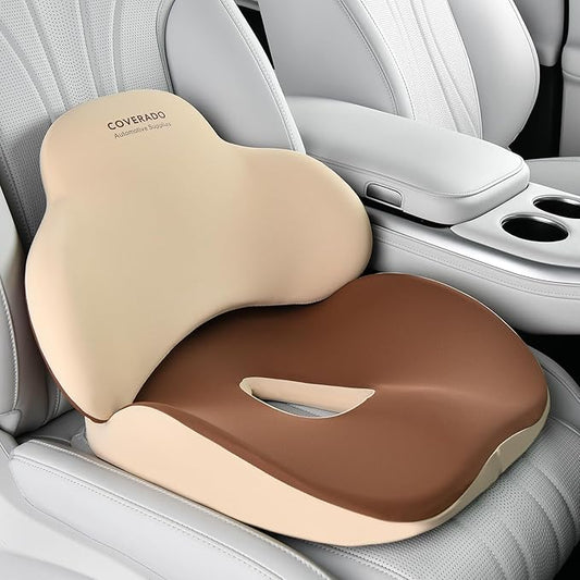 Coverado Seat Cushion and Lumbar Support Pillow for Car Office Chair, Ergonomic Memory Foam Desk Chair Cushion Back Support Pillow, Sciatica & Back & Tailbone Pain Relief Cushion-Beige