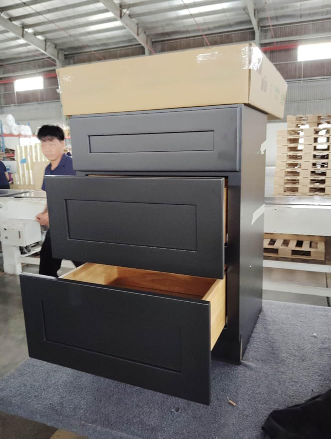 Shaker Style Charcoal Black RTA Base Cabinet -Solid Wood 3-Drawer Design with Soft Close Feature, 18" W x 24" D x 34.5" H, Perfect for Standalone Use or Kitchen Cabinet Combinations
