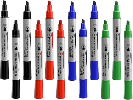 Comix Glass Board Dry Erase Markers, Low Odor Whiteboard Markers, Chisel Tip, 4 Assorted Colors, 12 Pack